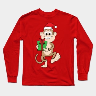 Monkey with a Christmas Present Long Sleeve T-Shirt